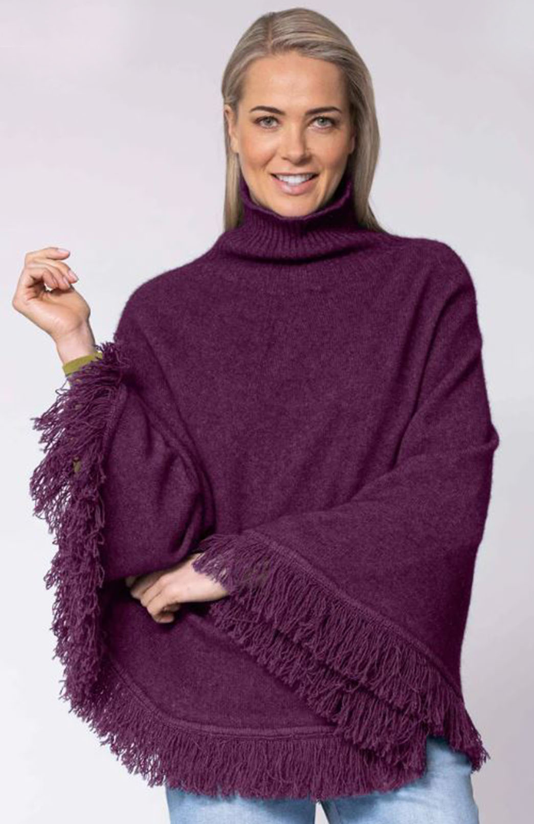 Twilight Purple Merino &amp;amp; Possum &amp;amp; Silk Fringed Poncho with Polo Neck
