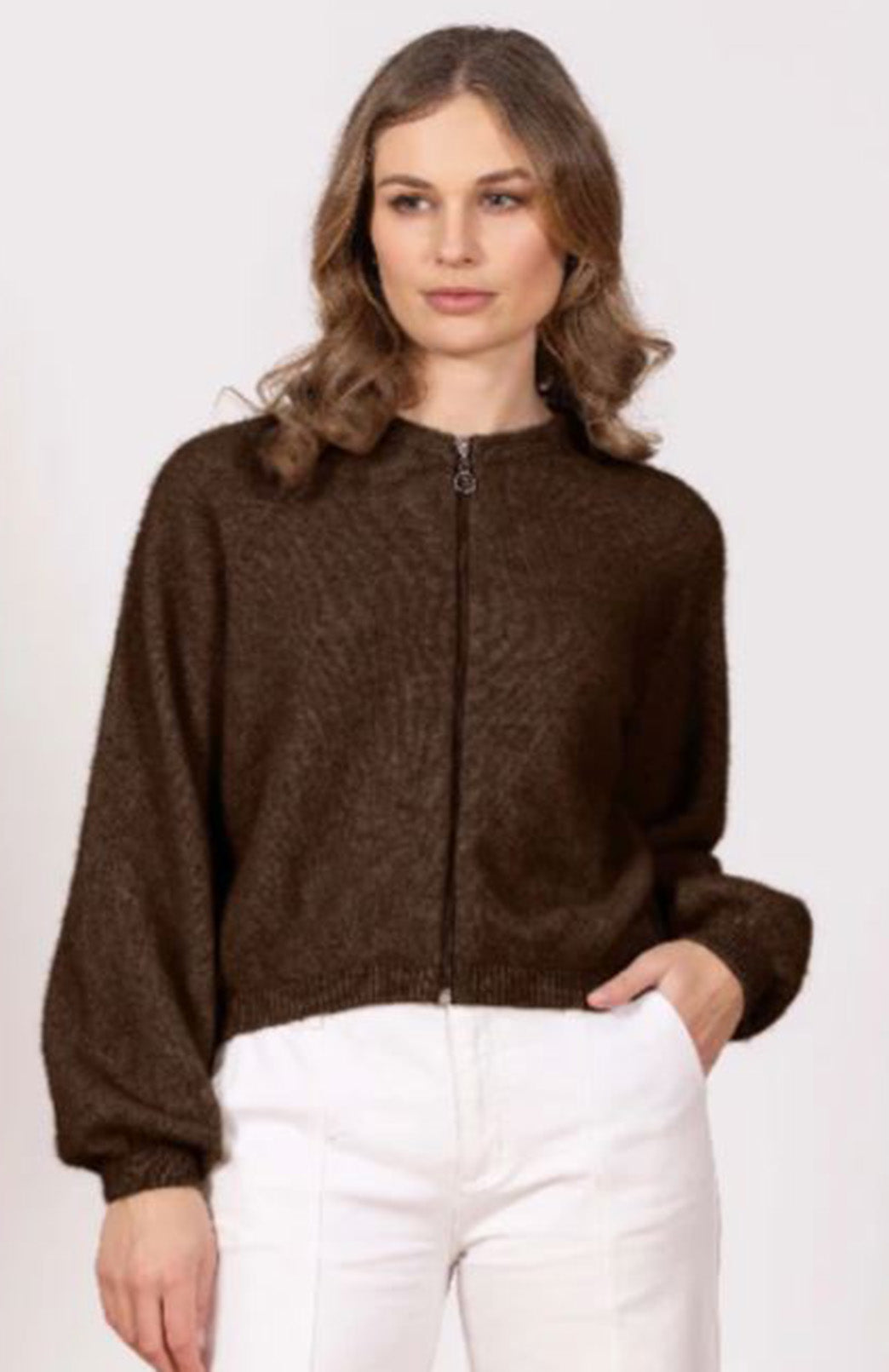 Tobago Women's Bell Sleeve Merino &amp; Possum Knit Zip Cardigan