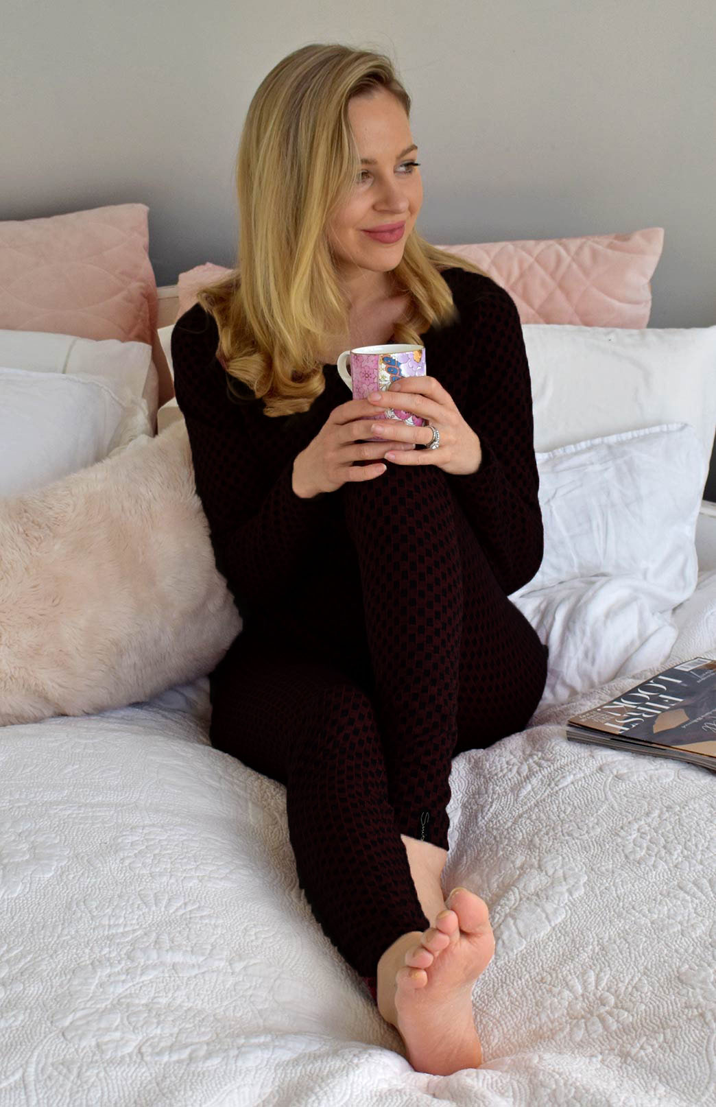 Black Women's Merino Wool Top and Leggings - Winter Pyjama Set