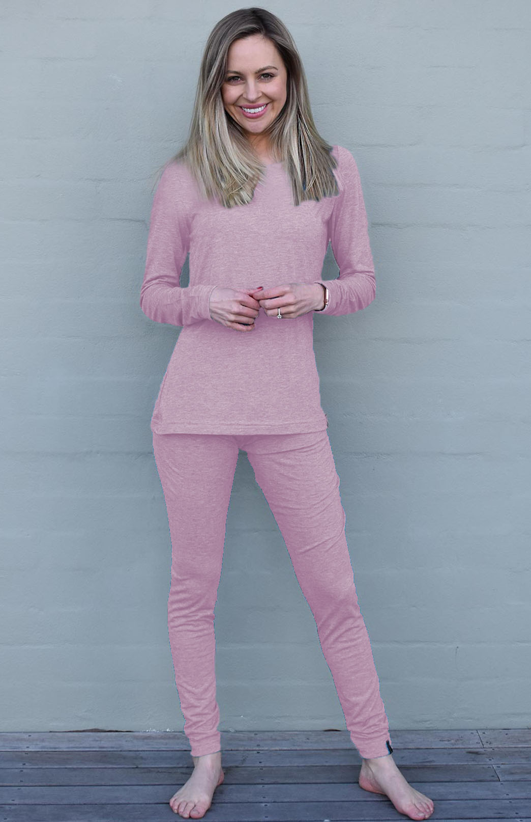 Grey Marl and Ivory Stripe Women&#39;s Merino Wool Long Sleeve Relax Fit Pyjama Top
