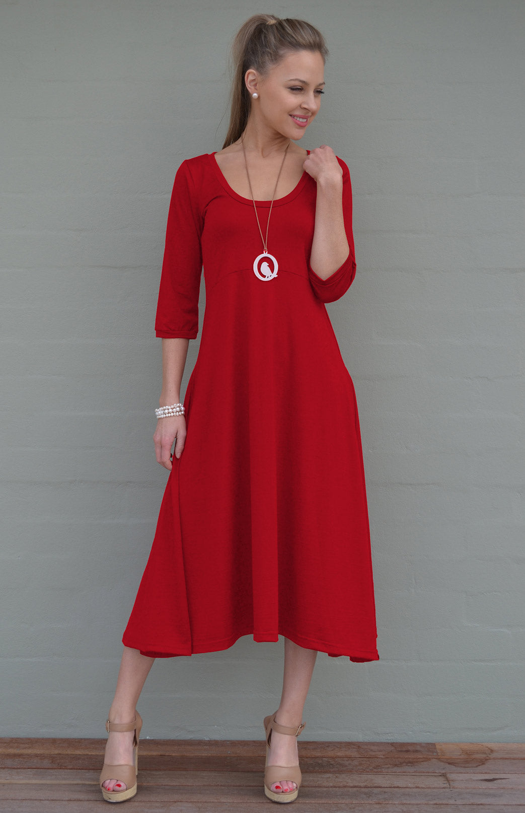 Chilli Red Women's Scoop Neck Empire Waist Merino Wool Midi Length Dress