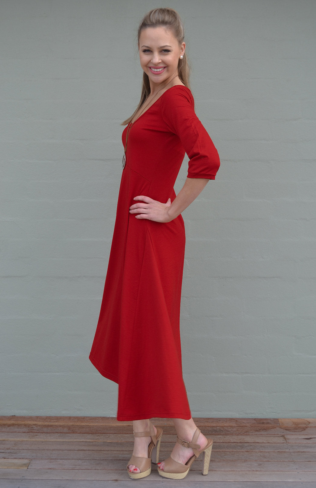 Chilli Red Women's Scoop Neck Empire Waist Merino Wool Midi Length Dress