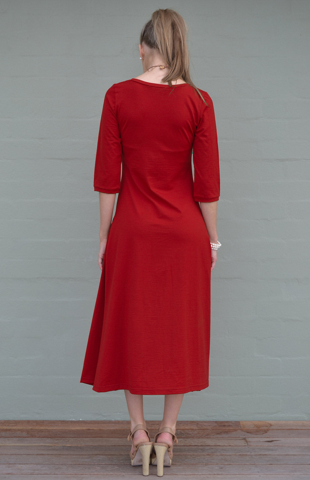 Chilli Red Women's Scoop Neck Empire Waist Merino Wool Midi Length Dress