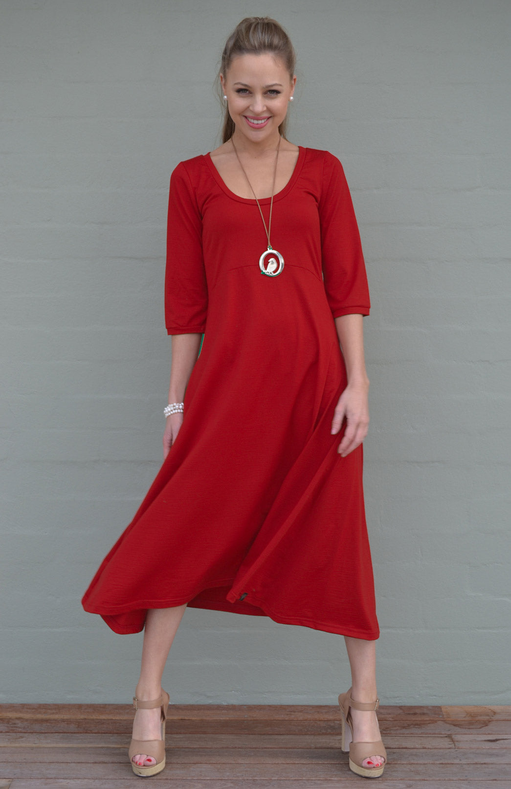Chilli Red Women's Scoop Neck Empire Waist Merino Wool Midi Length Dress