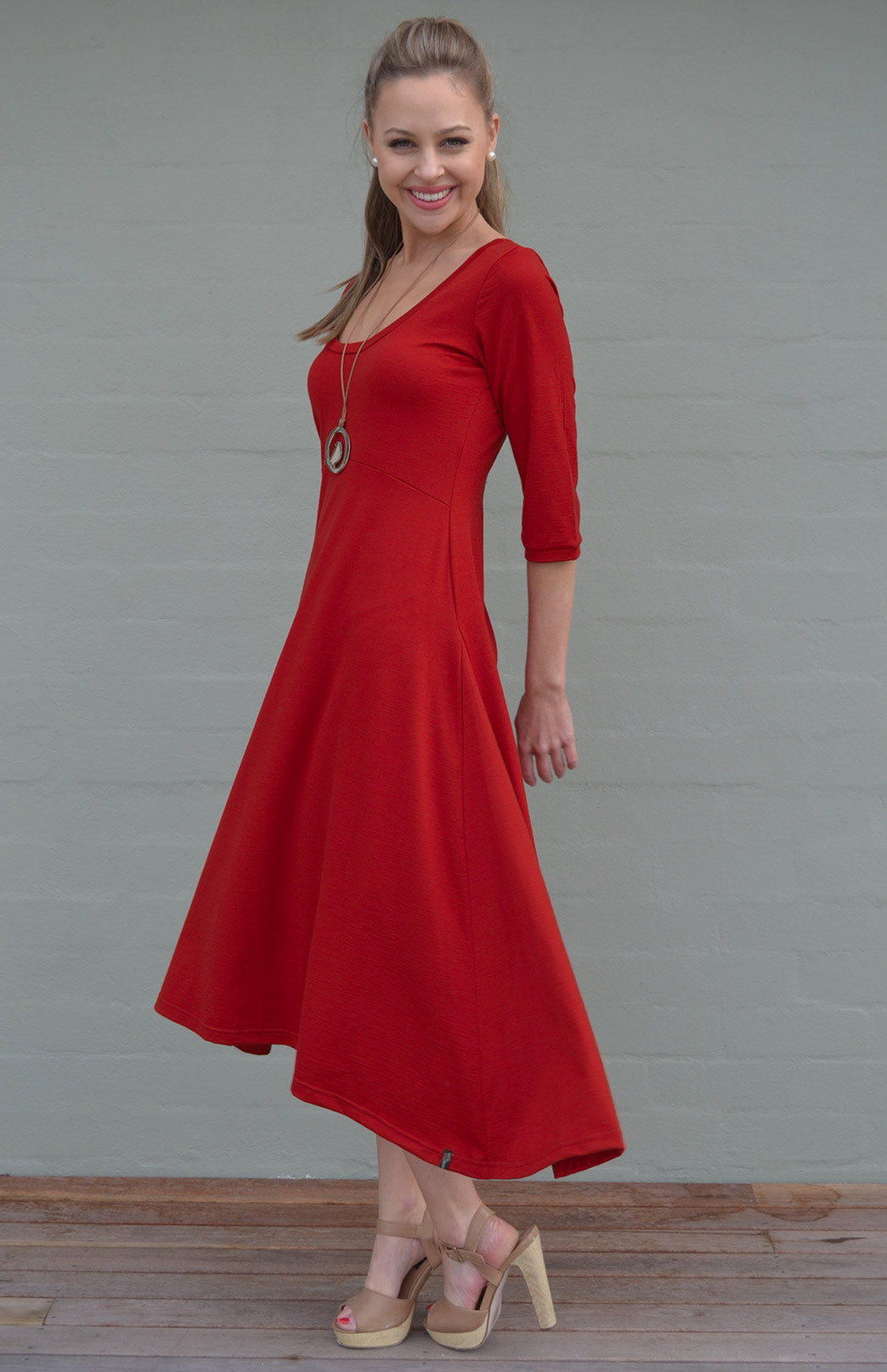 Chilli Red Women's Scoop Neck Empire Waist Merino Wool Midi Length Dress