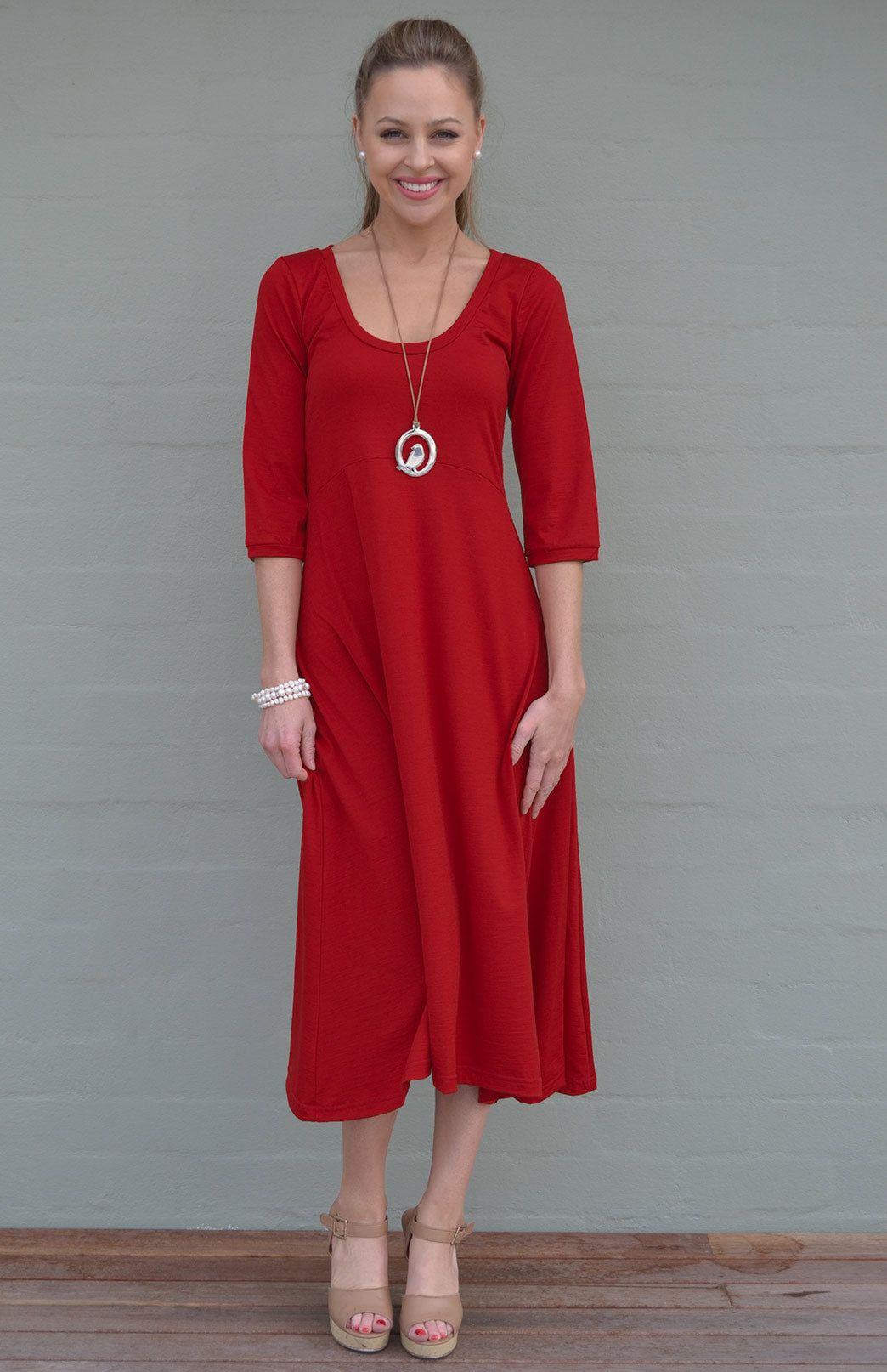 Chilli Red Women's Scoop Neck Empire Waist Merino Wool Midi Length Dress