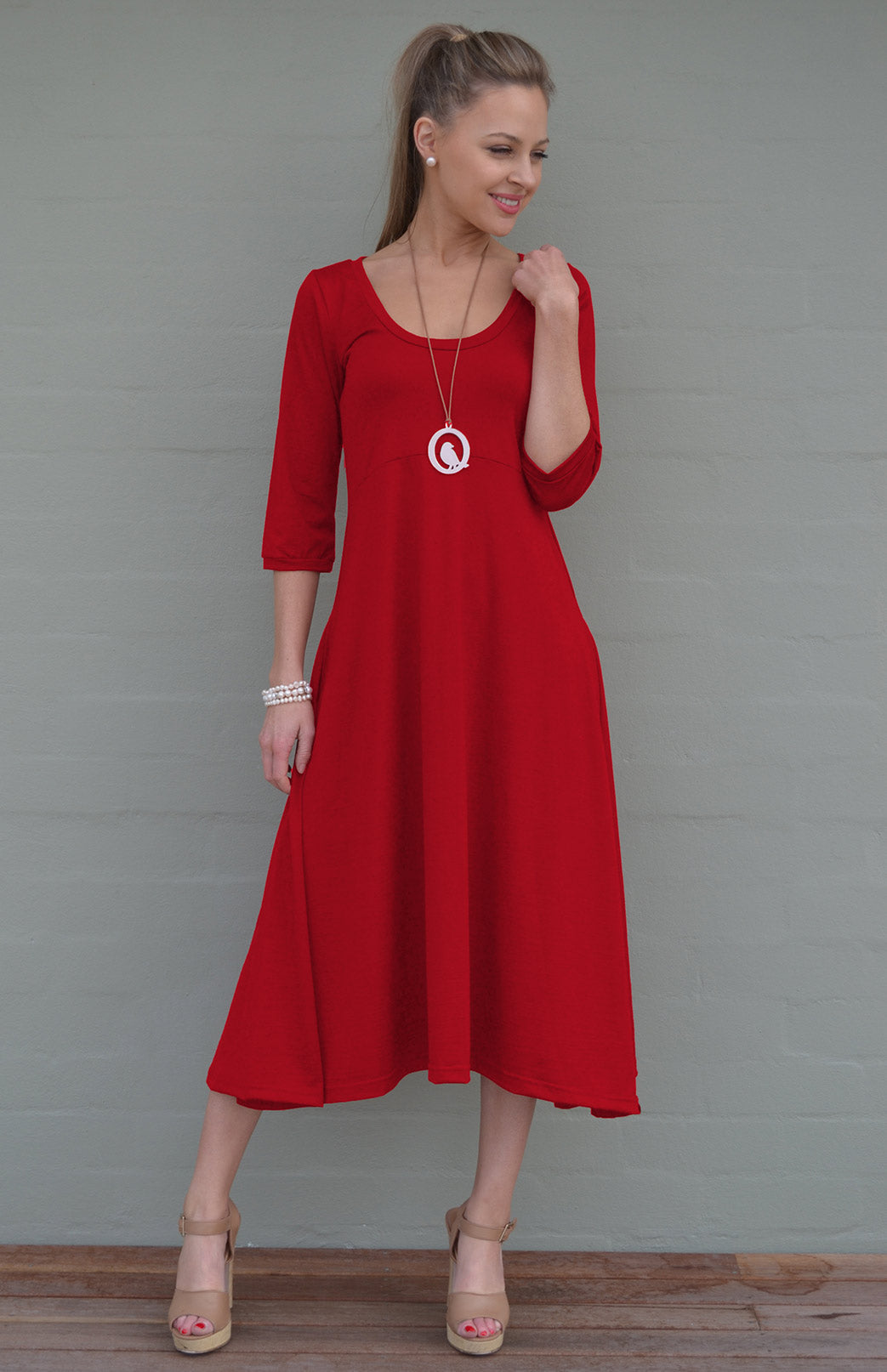 Chilli Red Women&#39;s Scoop Neck Empire Waist Merino Wool Midi Length Dress
