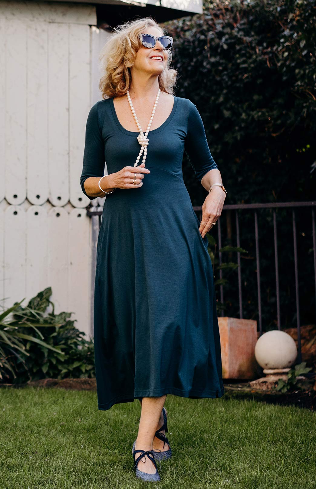 Deep Sea Green Women's Scoop Neck Empire Waist Merino Wool Midi Length Dress