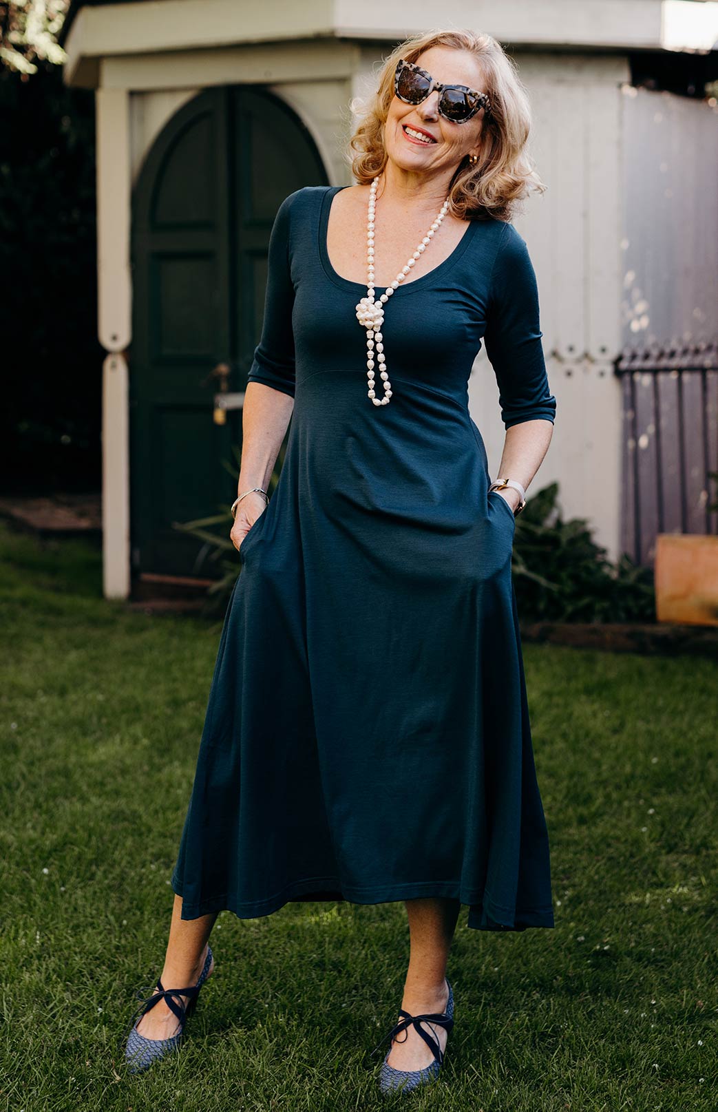 Deep Sea Green Women's Scoop Neck Empire Waist Merino Wool Midi Length Dress