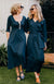 Deep Sea Green Women&#39;s Scoop Neck Empire Waist Merino Wool Midi Length Dress
