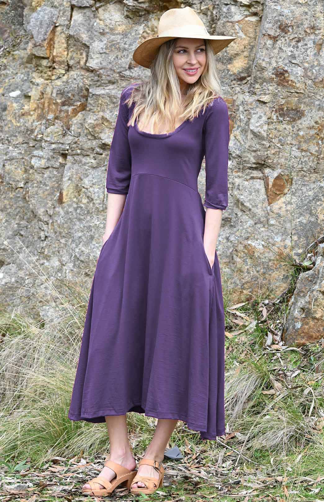 Grape Purple Women's Scoop Neck Empire Waist Merino Wool Midi Length Dress