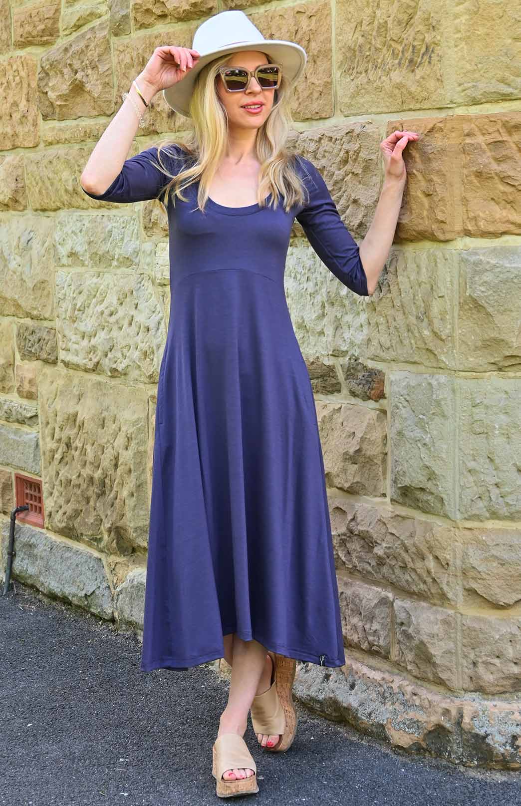 Grape Purple Women's Scoop Neck Empire Waist Merino Wool Midi Length Dress