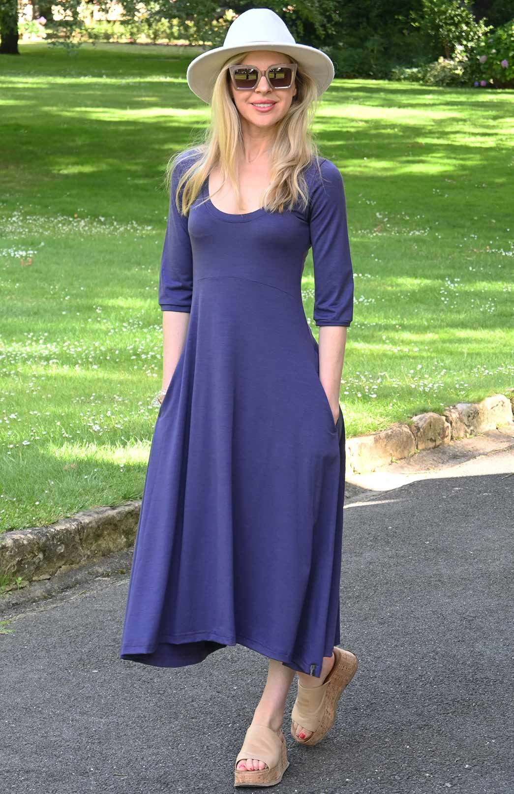 Grape Purple Women's Scoop Neck Empire Waist Merino Wool Midi Length Dress