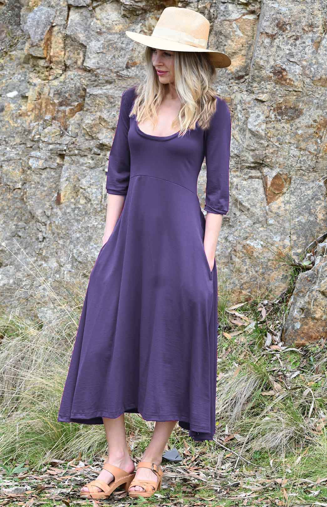 Grape Purple Women&#39;s Scoop Neck Empire Waist Merino Wool Midi Length Dress
