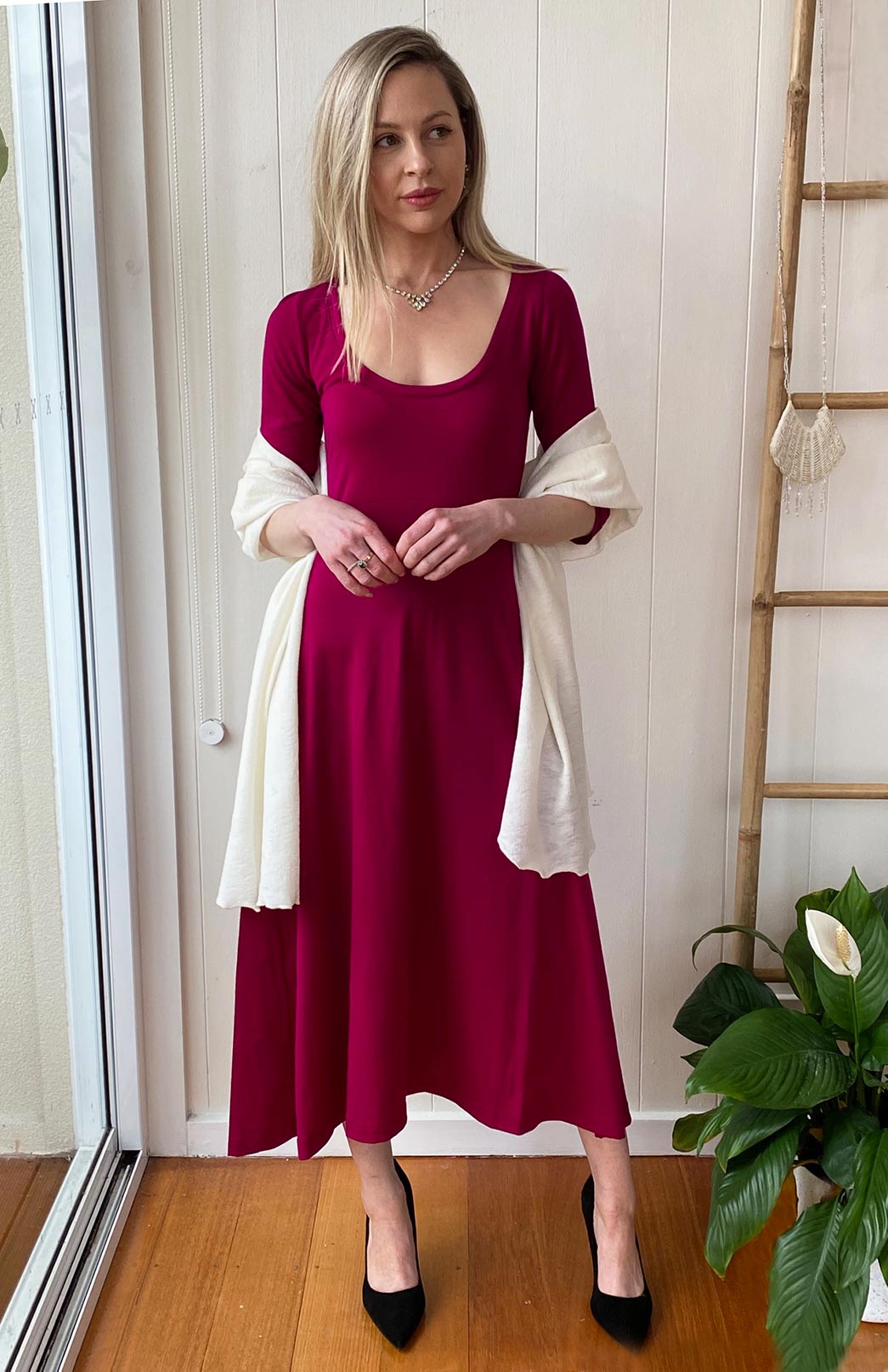 Magenta Women's Scoop Neck Empire Waist Merino Wool Midi Length Dress