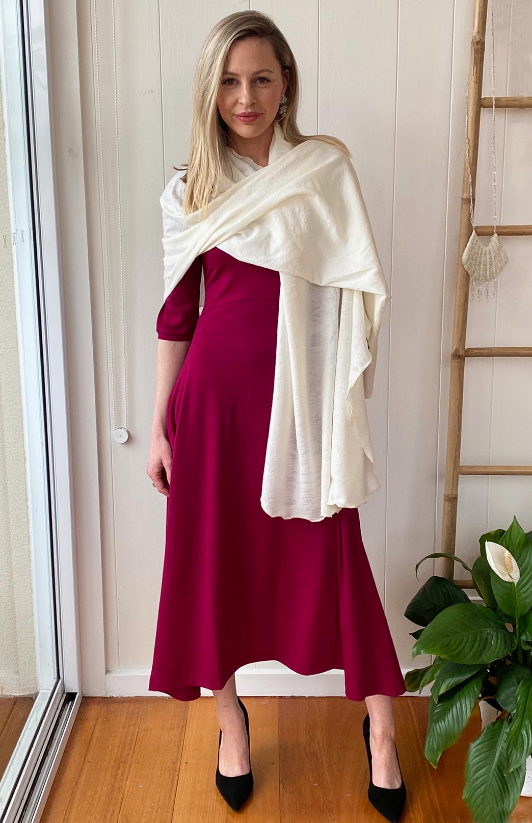 Magenta Women's Scoop Neck Empire Waist Merino Wool Midi Length Dress