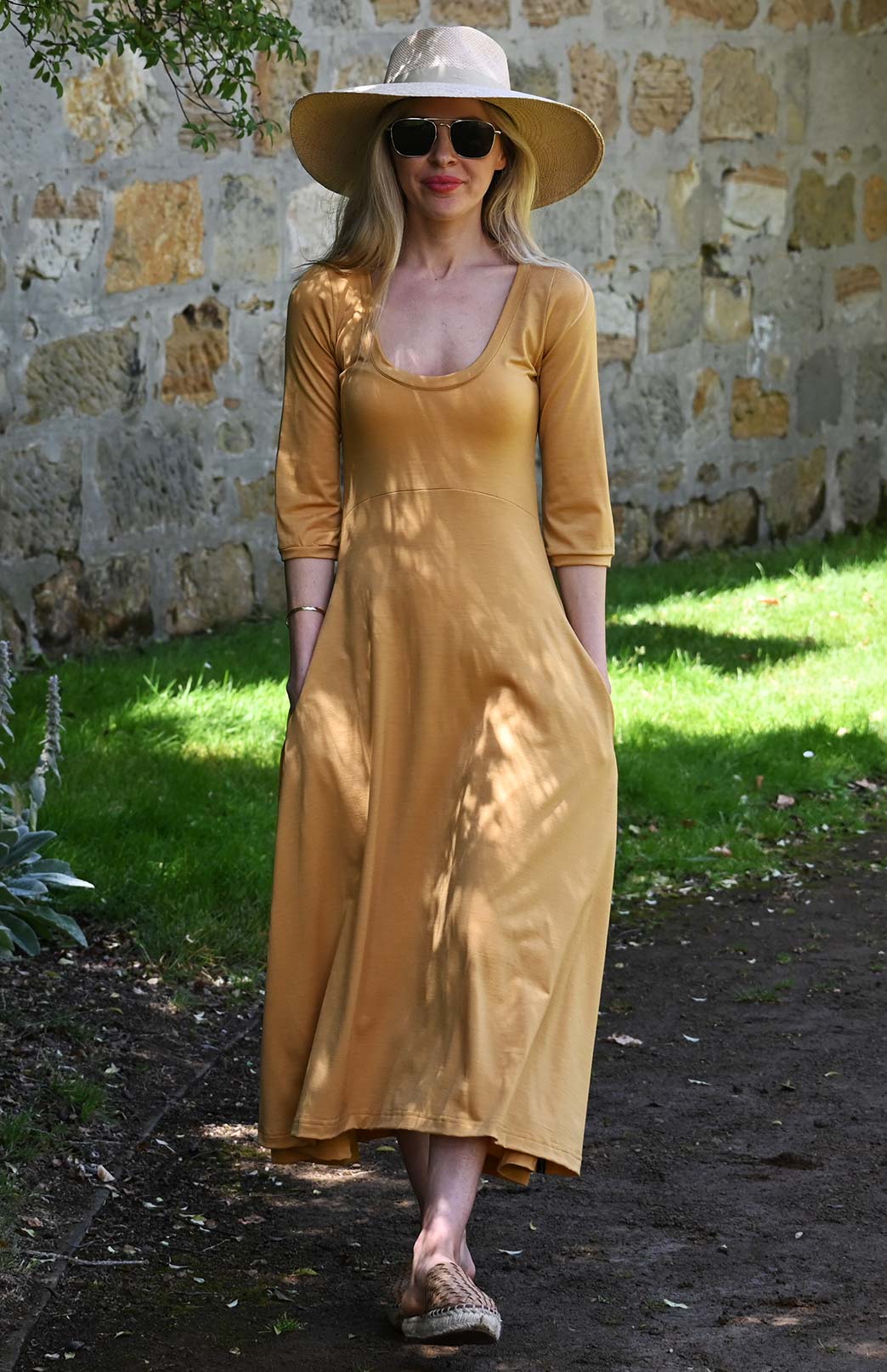 Mustard Yellow Women's Scoop Neck Empire Waist Merino Wool Midi Length Dress