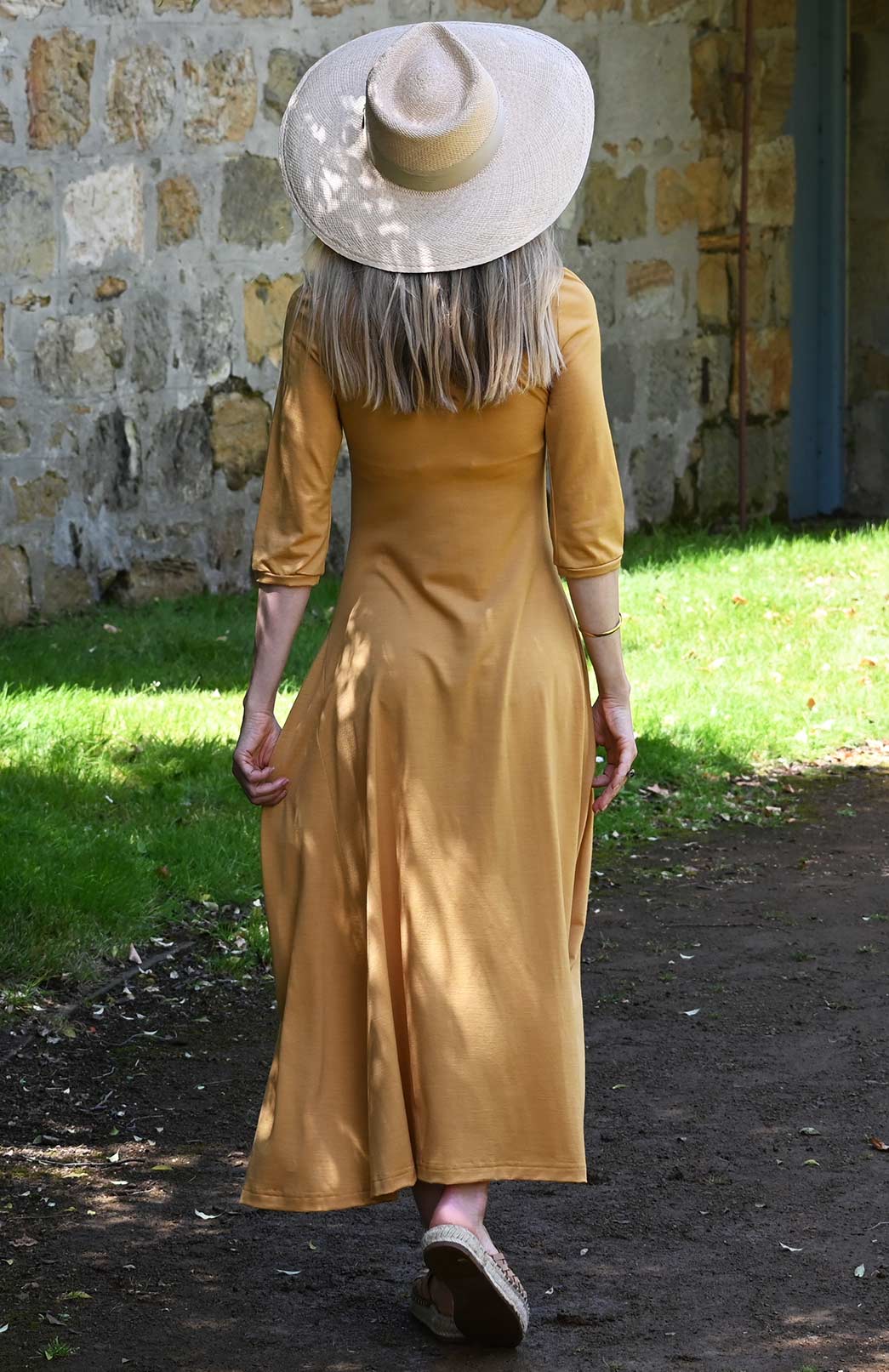 Mustard Yellow Women's Scoop Neck Empire Waist Merino Wool Midi Length Dress