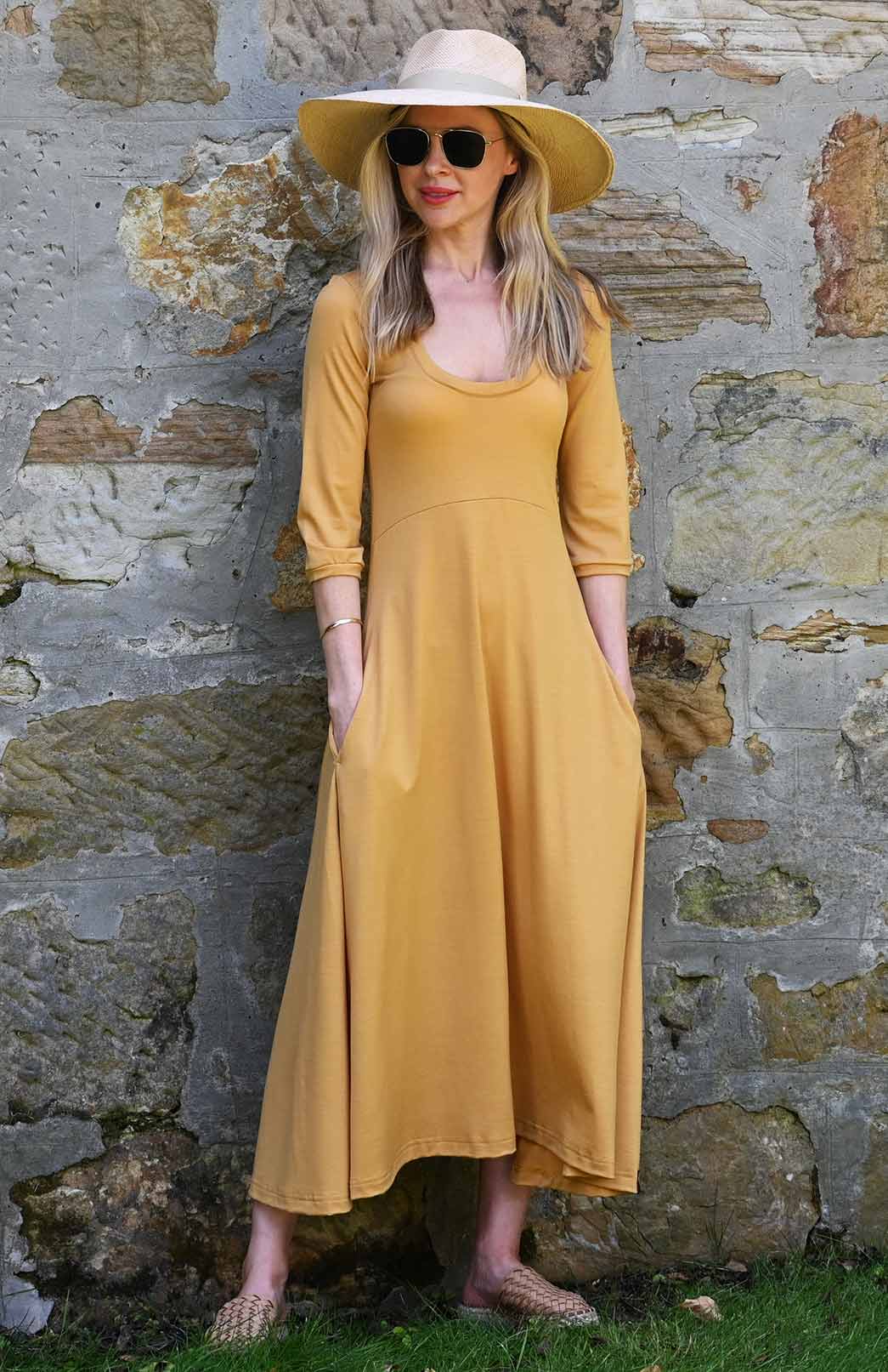 Mustard Yellow Women's Scoop Neck Empire Waist Merino Wool Midi Length Dress
