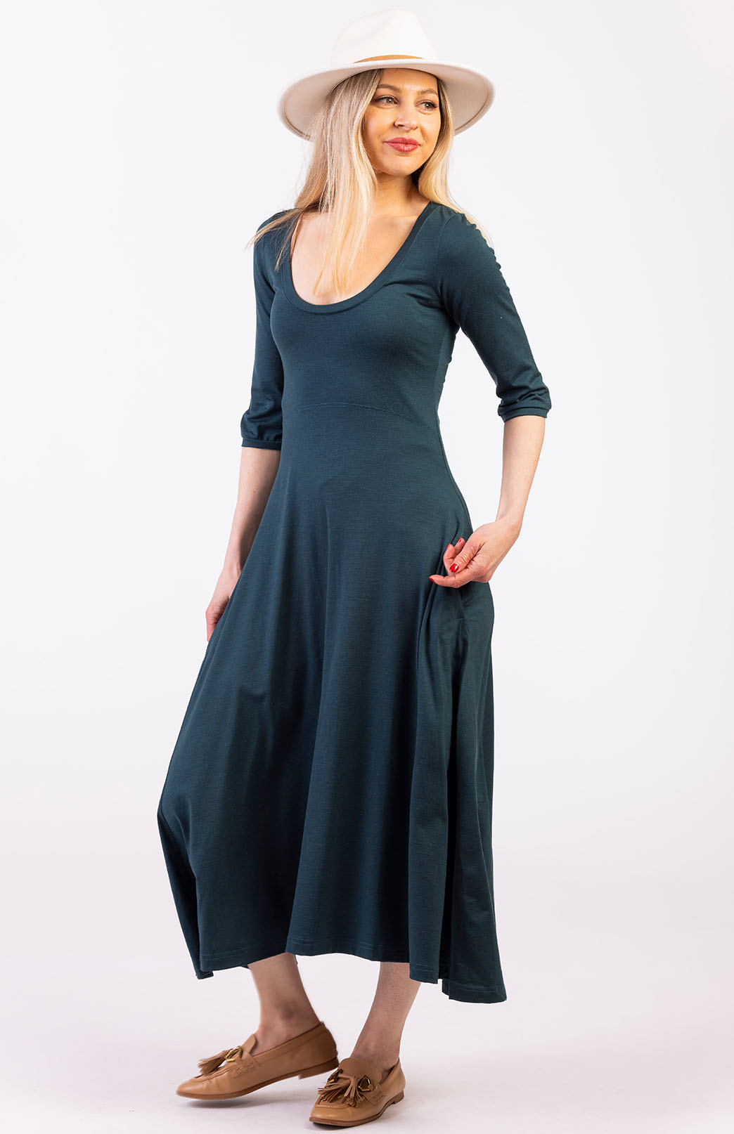 Deep Sea Green Women's Scoop Neck Empire Waist Merino Wool Midi Length Dress
