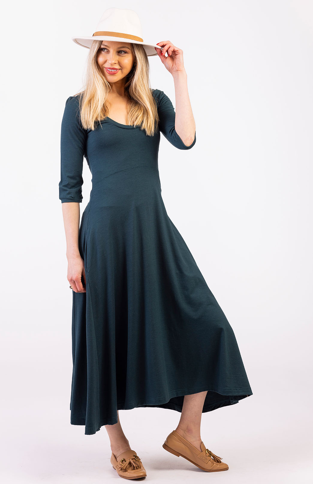 Deep Sea Green Women's Scoop Neck Empire Waist Merino Wool Midi Length Dress