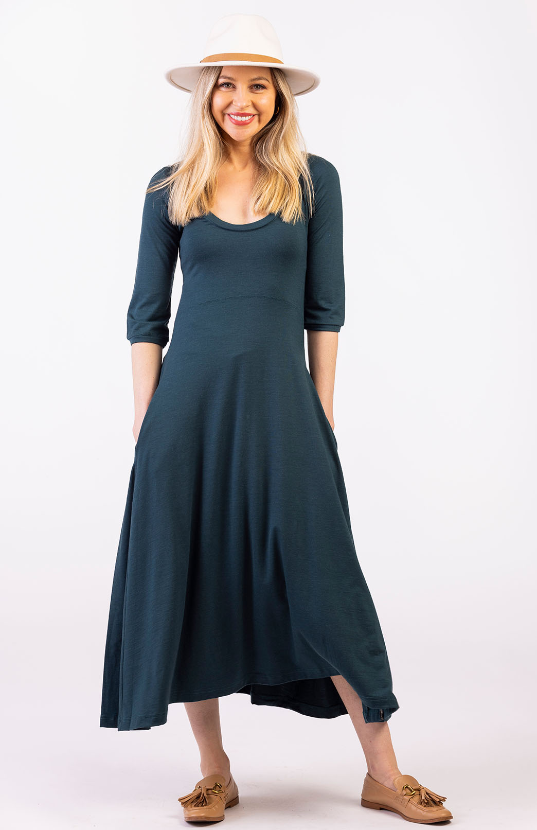 Magenta Women&#39;s Scoop Neck Empire Waist Merino Wool Midi Length Dress
