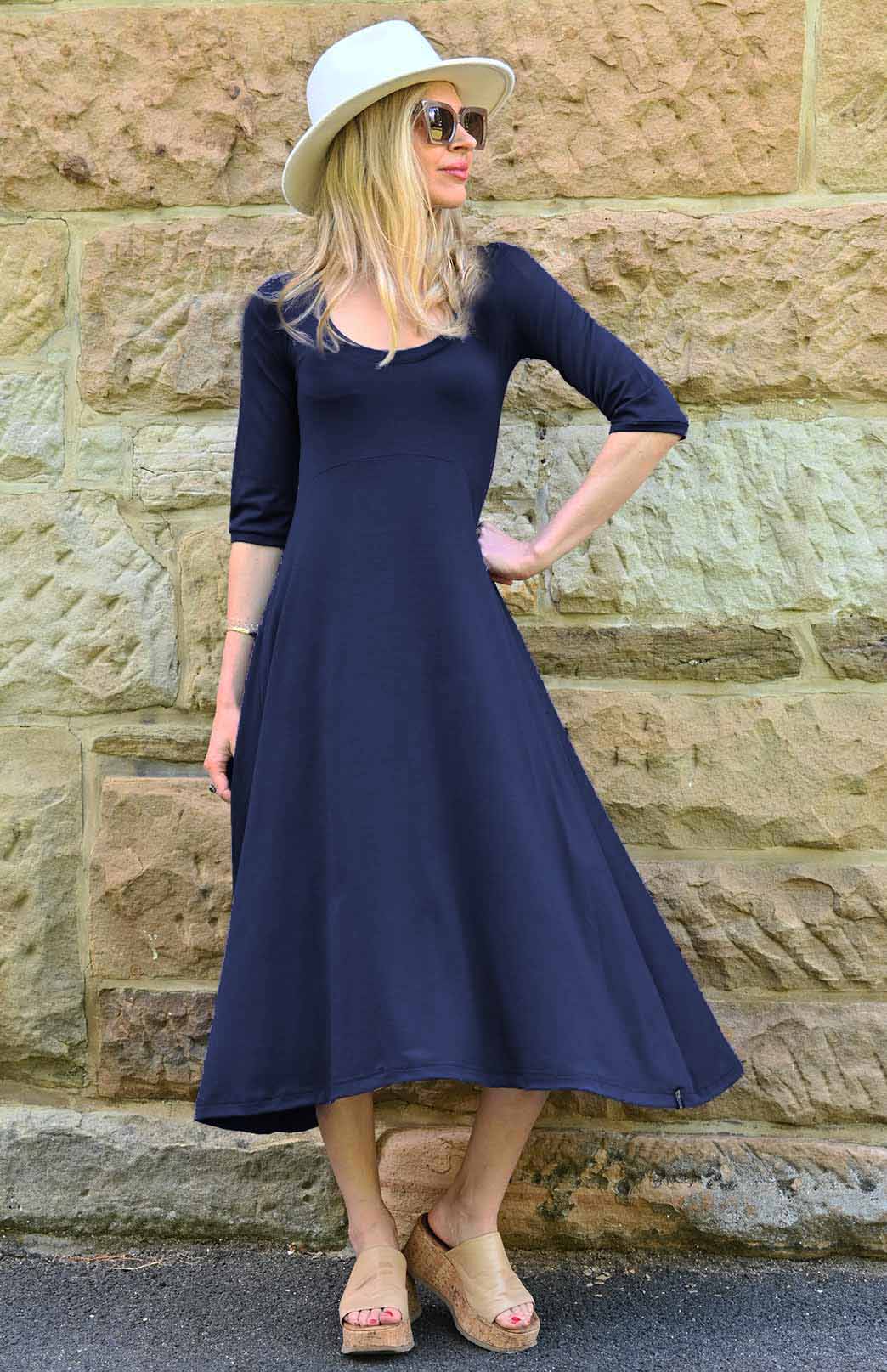 Navy Blue Women's Scoop Neck Empire Waist Merino Wool Midi Length Dress
