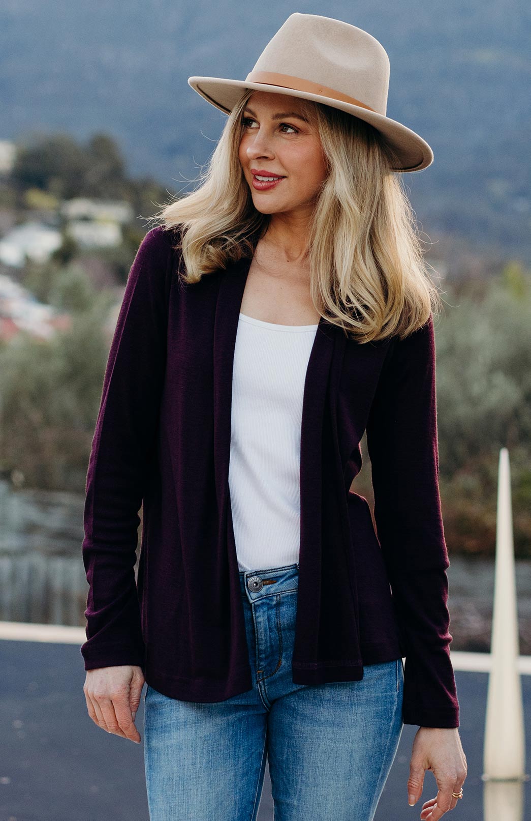 Aubergine Purple Women's Merino Wool Mini Drape Cardigan
