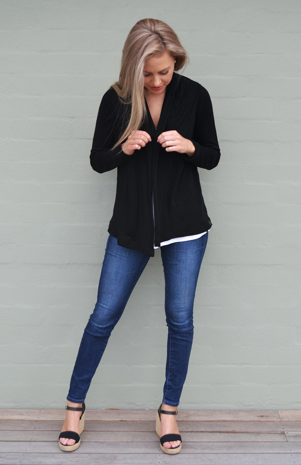 Black Women's Merino Wool Mini Drape Cardigan