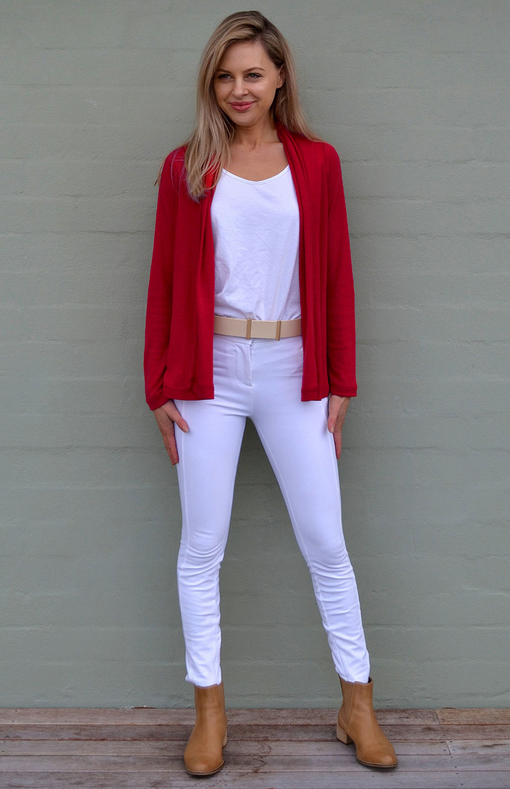 Flame Red Women&#39;s Merino Wool Mini Drape Cardigan

