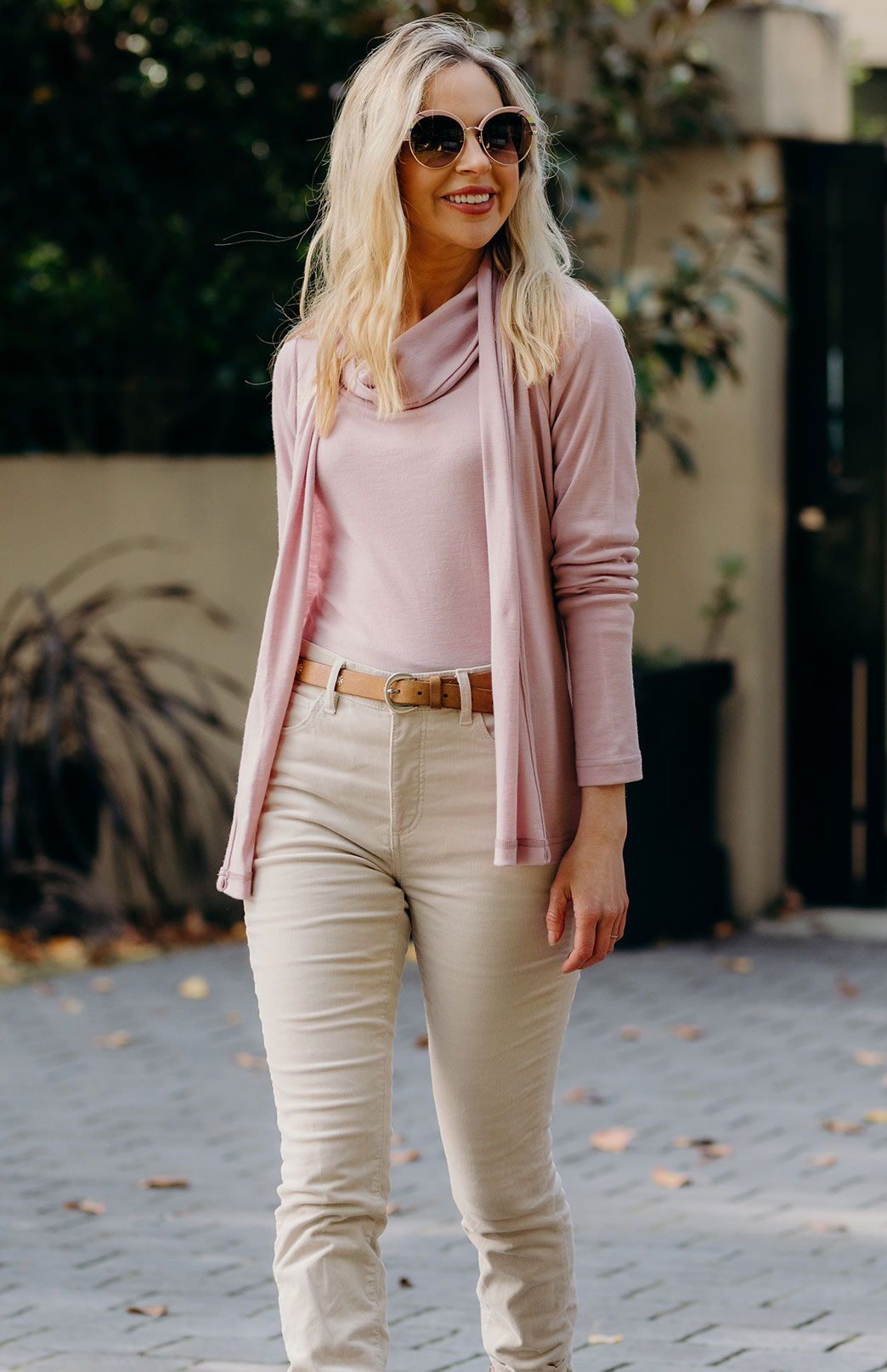 Dusty Pink Women's Merino Wool Cowl Neck Top with Long Sleeves