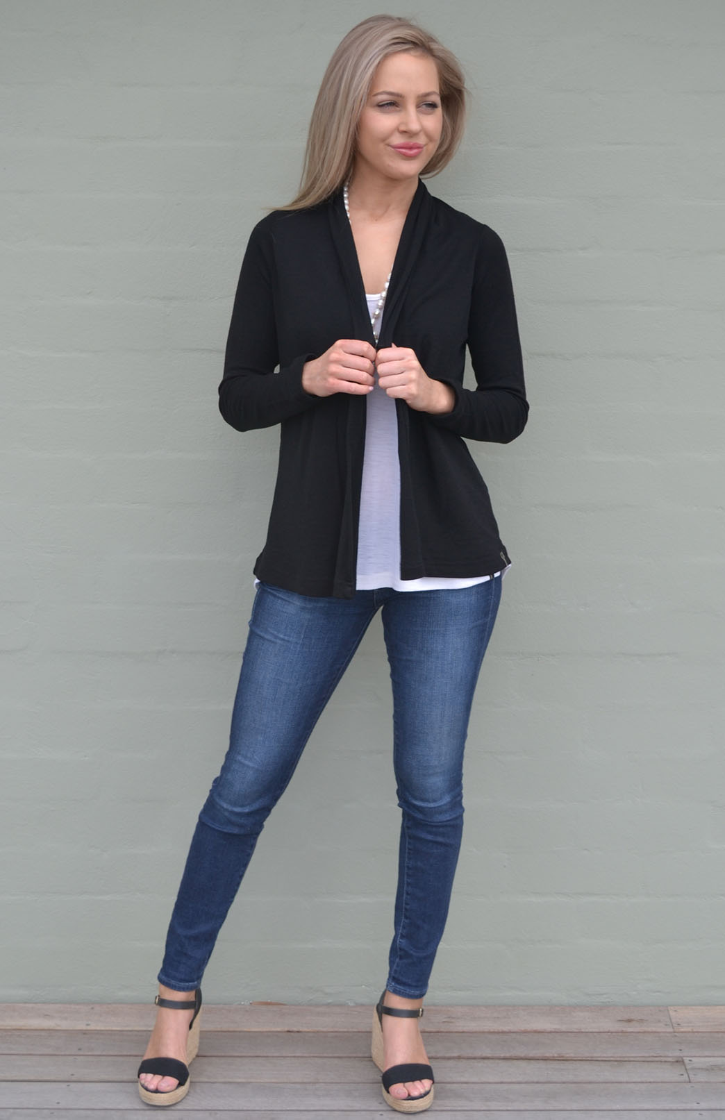 Black Women's Merino Wool Mini Drape Cardigan