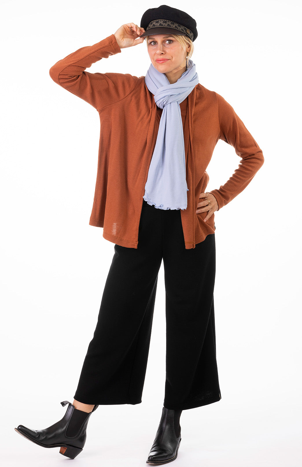 Black Women's Pure Merino Wool Crop Pants with Wide Leg in structured Ponte fabric