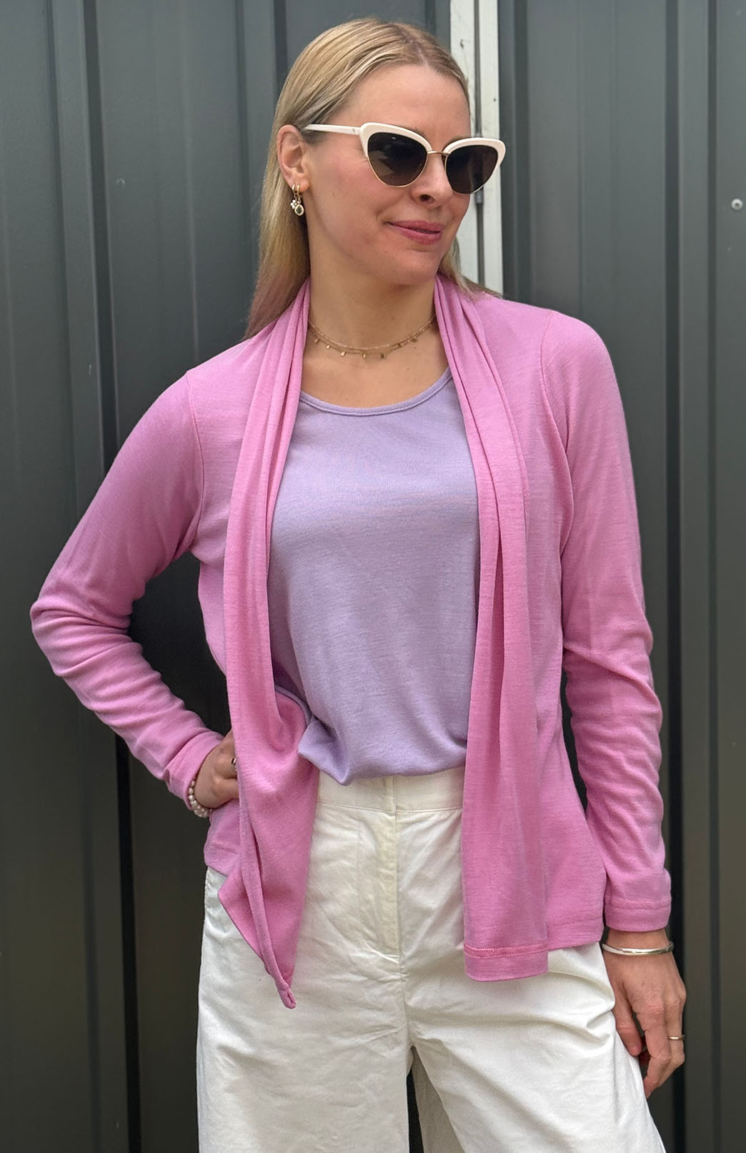 Crocus Pink Women's Merino Wool Mini Drape Cardigan
