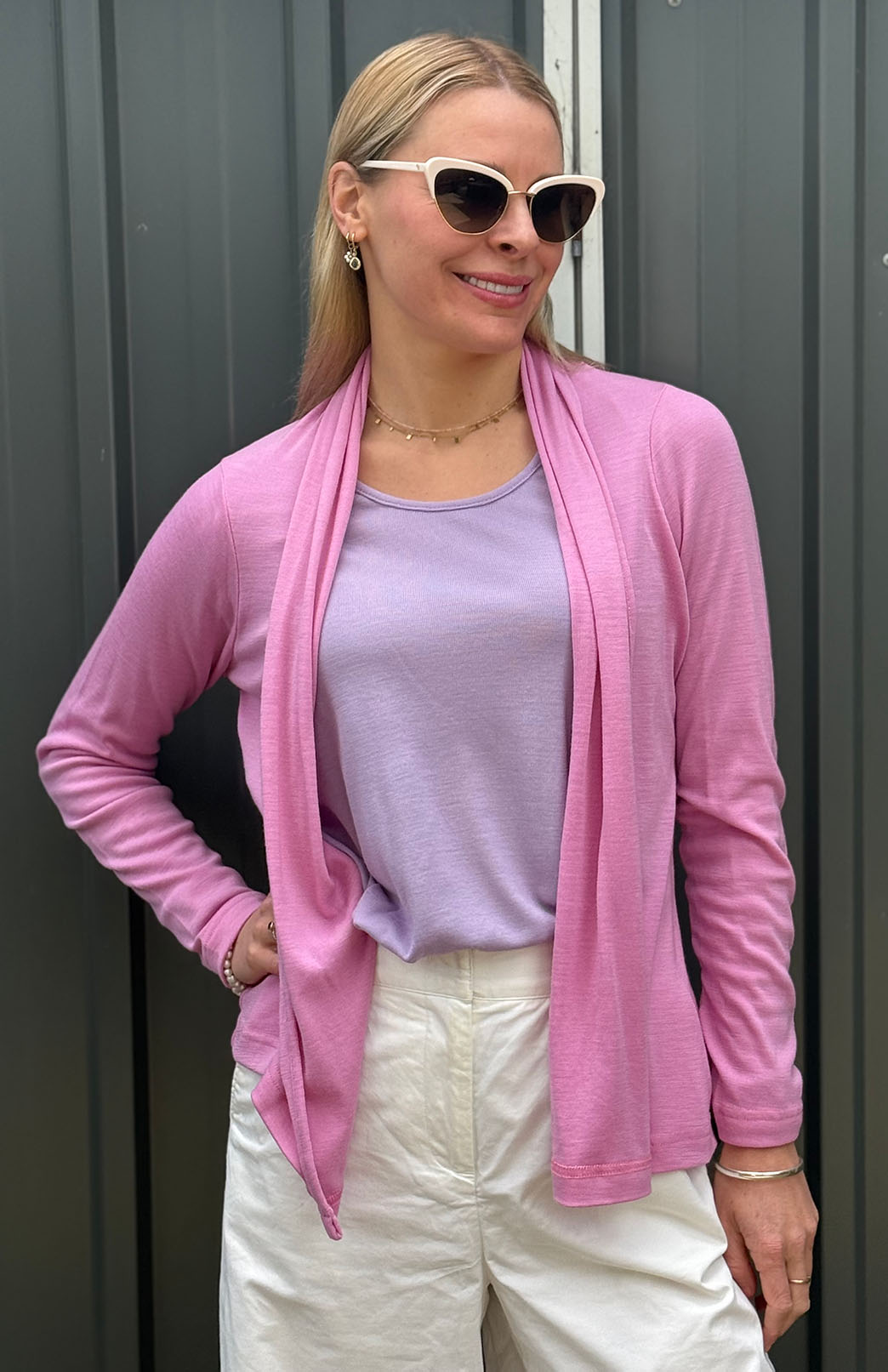 Crocus Pink Women's Merino Wool Mini Drape Cardigan