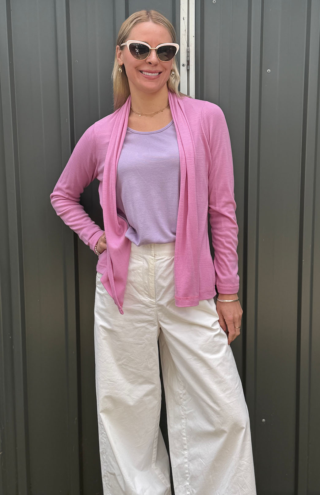 Crocus Pink Women's Merino Wool Mini Drape Cardigan