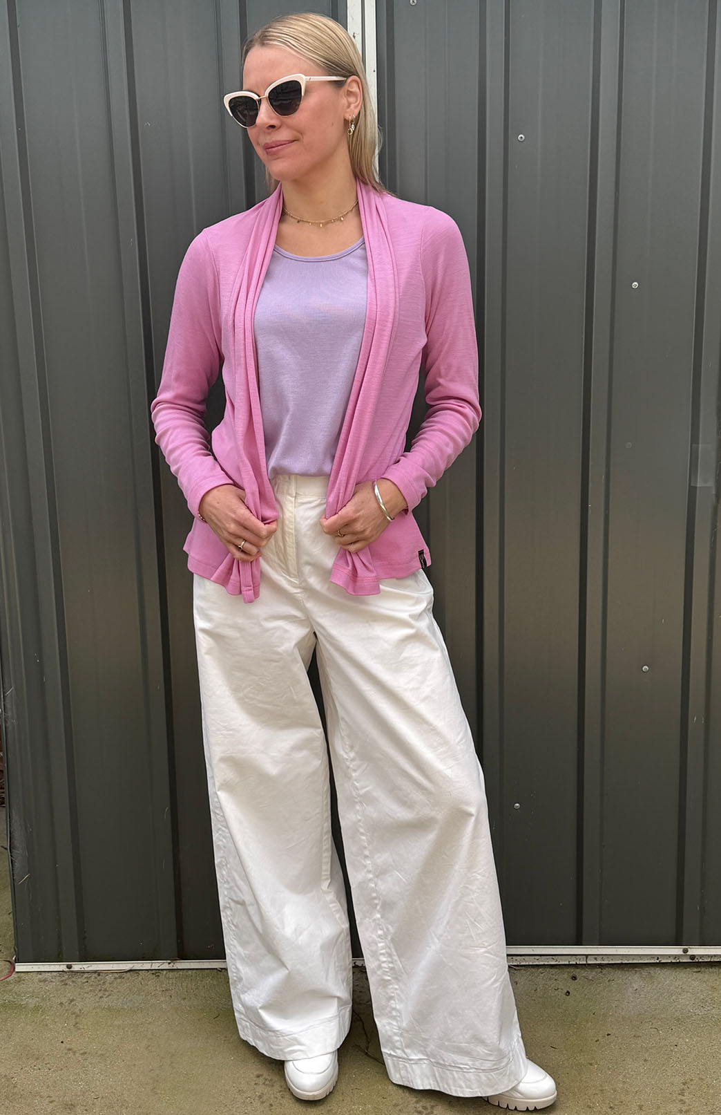 Crocus Pink Women's Merino Wool Mini Drape Cardigan