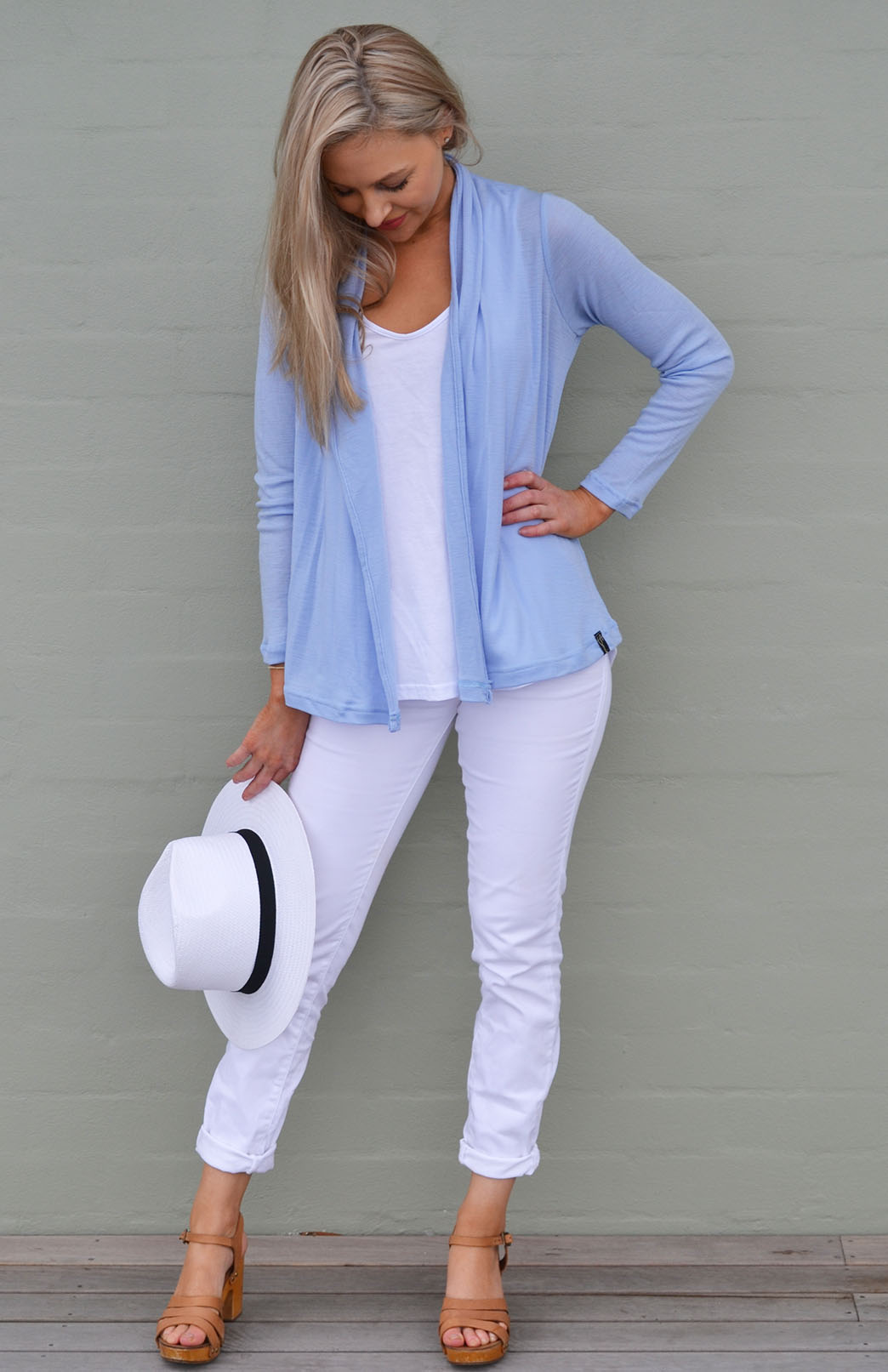 Dusty Blue Women's Merino Wool Mini Drape Cardigan