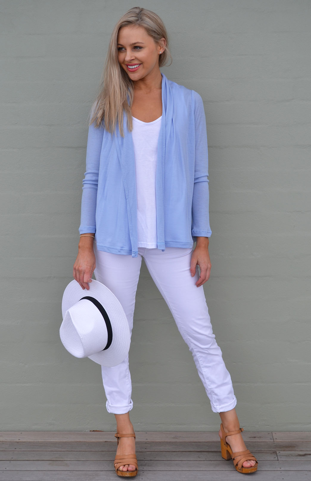 Dusty Blue Women's Merino Wool Mini Drape Cardigan