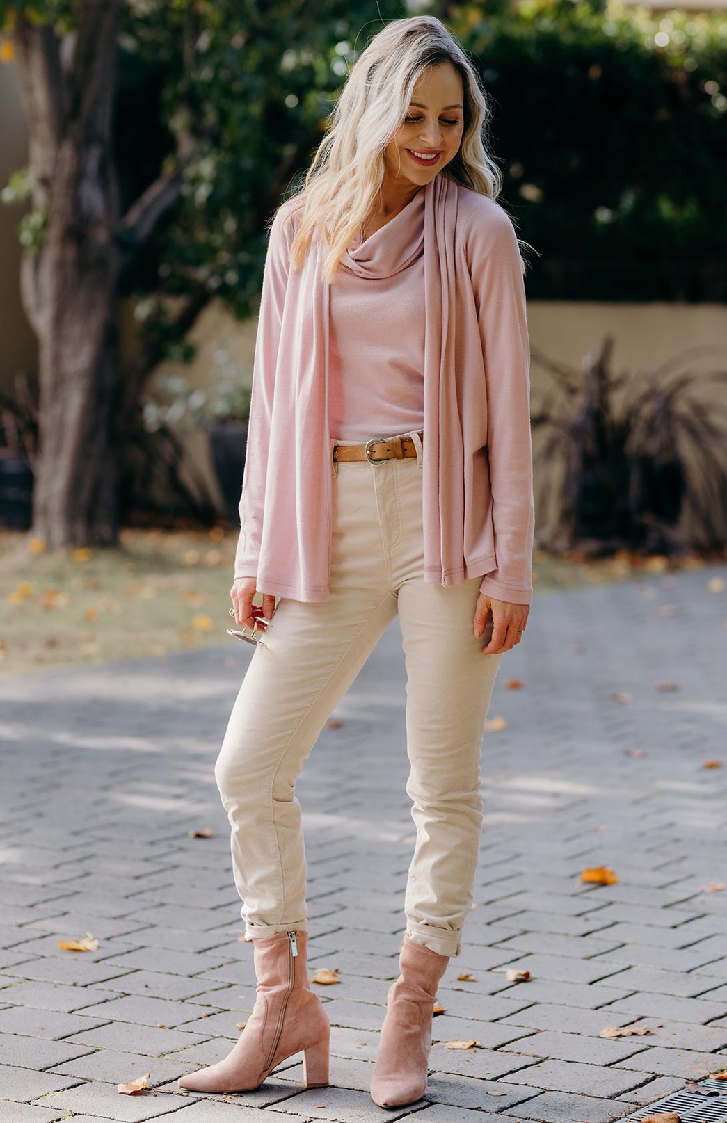 Dusty Pink Women's Merino Wool Long Sleeve Cowl Neck Top