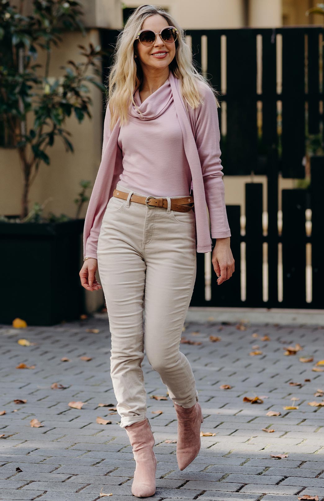Dusty Pink Women's Merino Wool Long Sleeve Cowl Neck Top