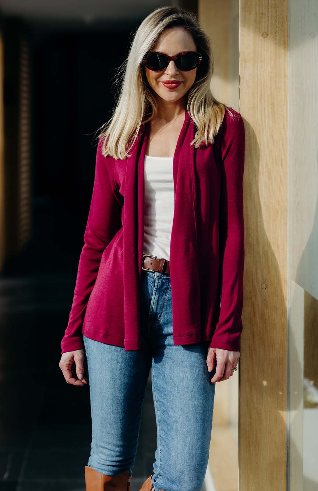 Magenta Women&#39;s Merino Wool Mini Drape Cardigan
