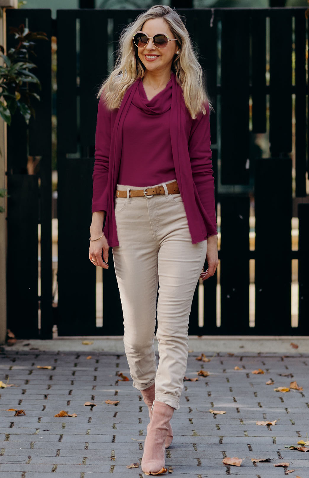 Magenta Women's Merino Wool Long Sleeve Cowl Neck Top