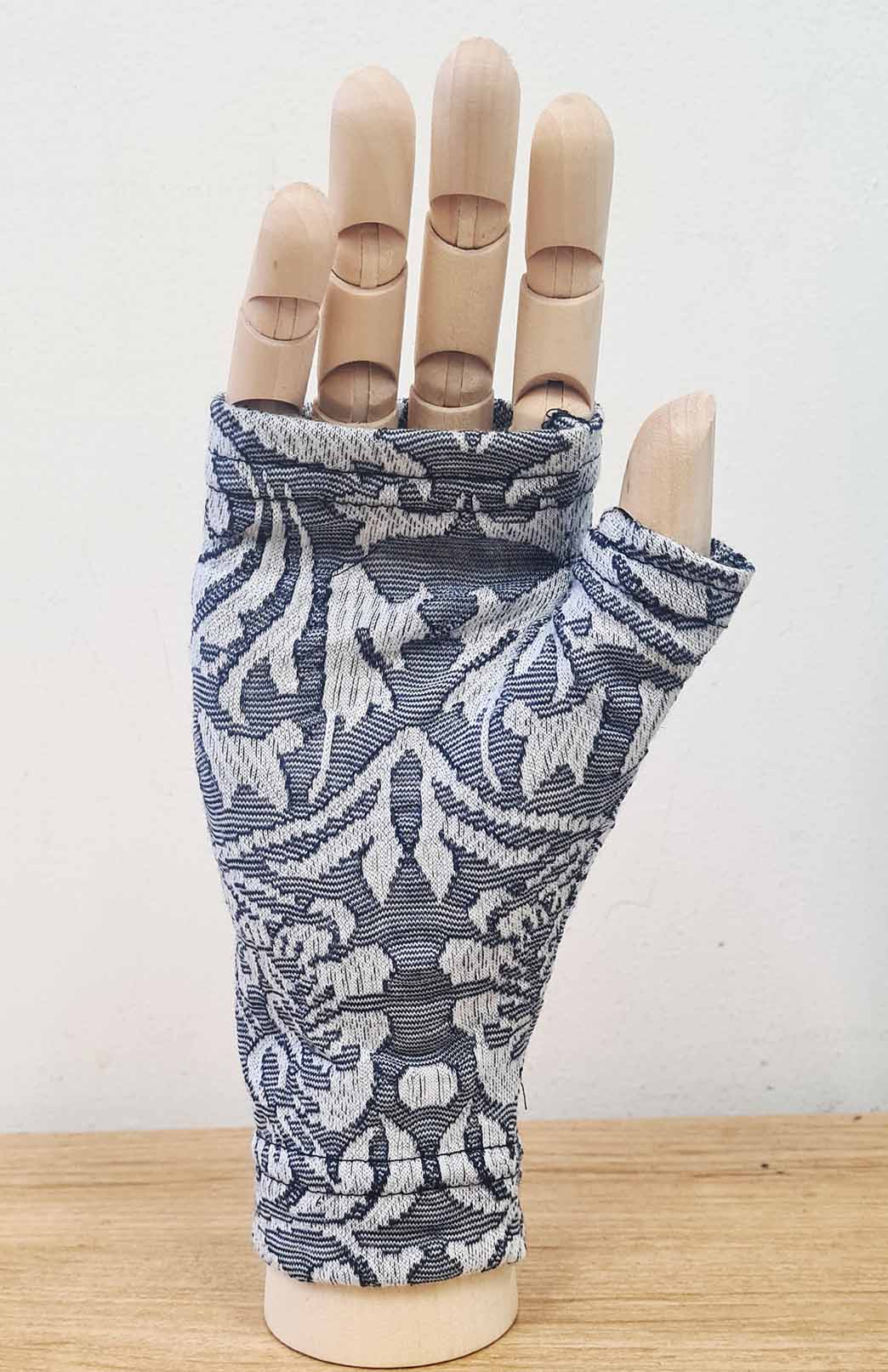 Blue Grey Abbey Floral Merino Wool Thermal Fingerless Mittens