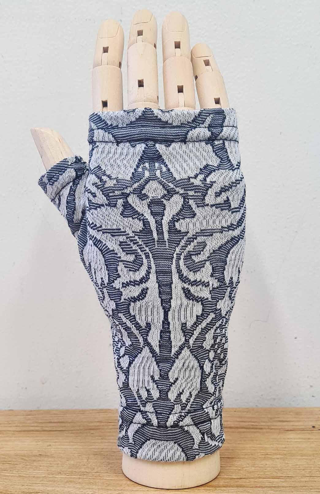Blue Grey Abbey Floral Merino Wool Thermal Fingerless Mittens