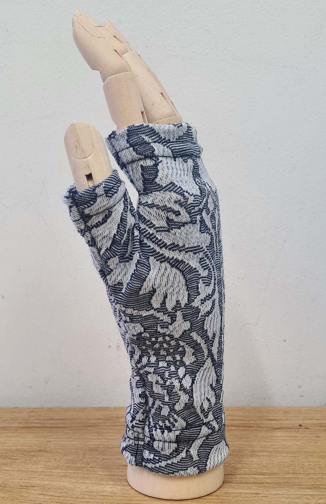 Blue Grey Abbey Floral Merino Wool Thermal Fingerless Mittens