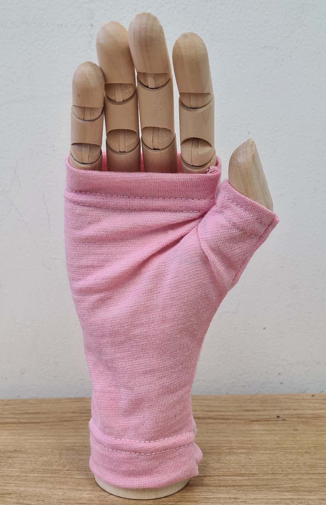 Carnation Pink Fine Stripe Merino Wool Thermal Fingerless Mittens