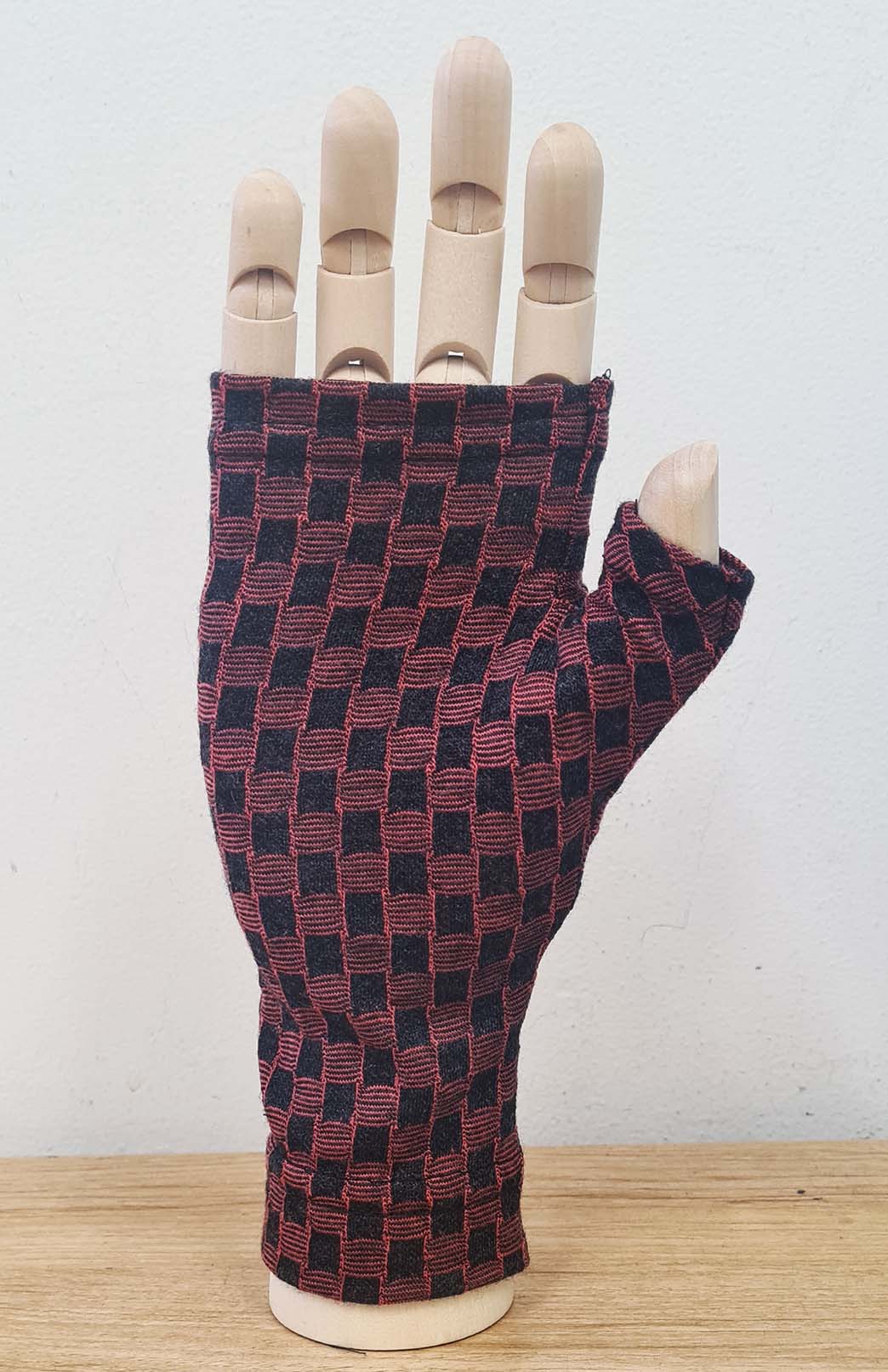 Coral Charcoal Mini Check Merino Wool Thermal Fingerless Mittens