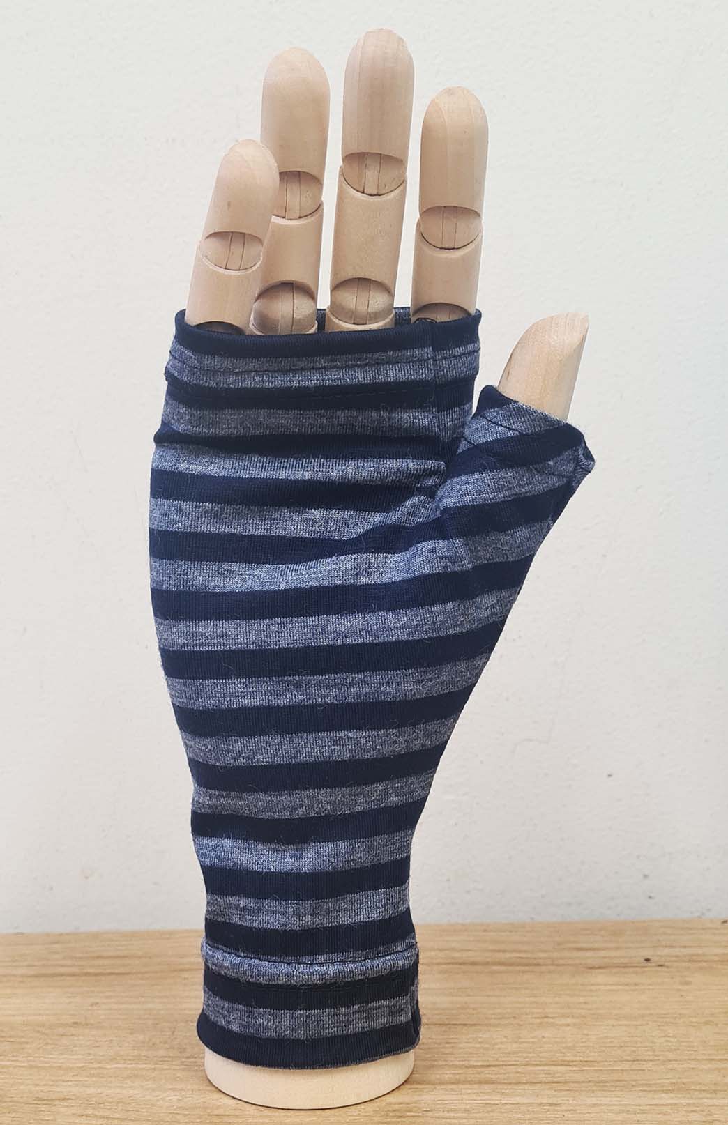 Indigo Grey Stripe Merino Wool Thermal Fingerless Mittens