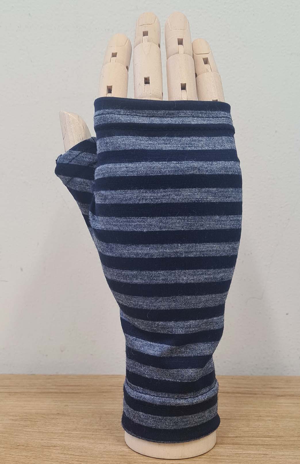 Indigo Grey Stripe Merino Wool Thermal Fingerless Mittens